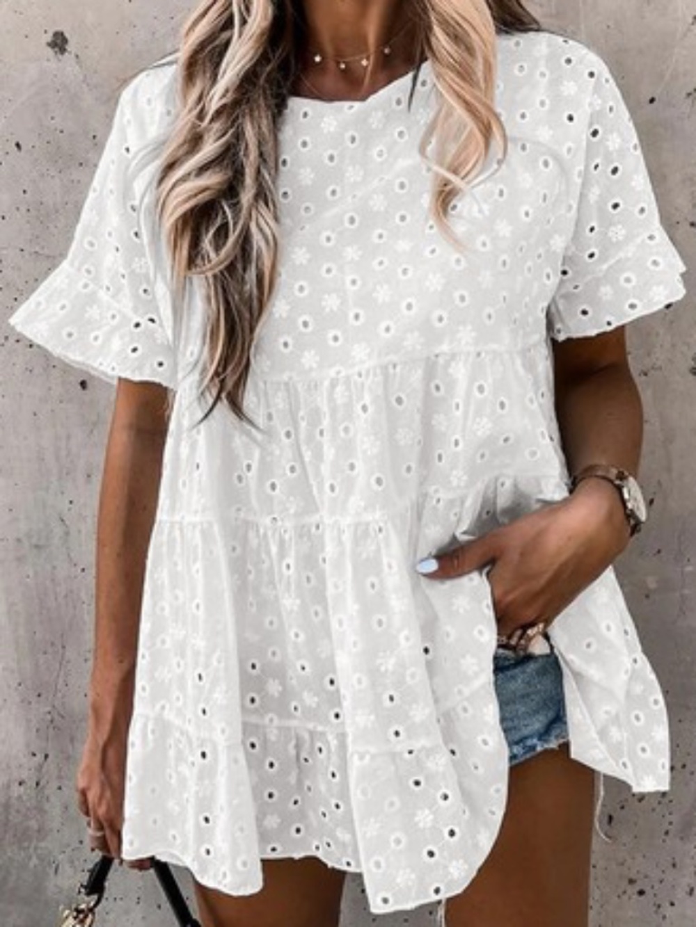 Women Embroidery Shirt Tops Eyelets Summer Short Sleeve Blouse T-Shirt M Size